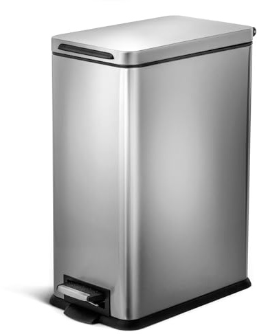 Home Zone Living 8 Gallon Slim Kitchen Trash Can with Soft Close Lid, Step Pedal, Bag Tuck Band, and Removable Liner, Stainless Steel, Silver