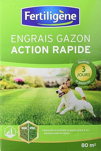 Fertiligène FGAR80 - Engrais Gazon Action Rapide 3 Jours 2,8 kg - Reverdit et densifie Le Gazon - Formule azoté - Gazon Plus Vert en 3j - Formule Micro-granulés pour Un épandage Facile - pour 80 m²