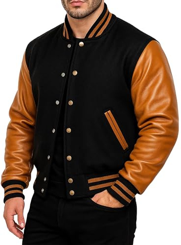 Fashion_First Chaqueta universitaria unisex - Chaqueta de béisbol universitaria negra - Lana + mangas de piel sintética - Ajuste regular para hombre y niño - Talla L - Longitud a la cadera - Estilo