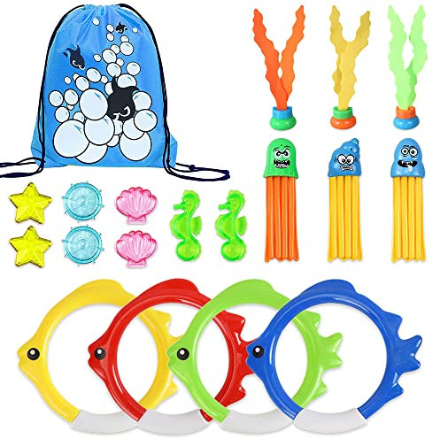 Udbrud 19 Stück Tauchringe für Kinder, Pool Spielzeuge Fisch Form Tauchringe Seetang Oktopus Tauchjuwel Spielzeug Unterwasser Tauchen Spielset mit Drawstring Tasche für Kinder Jungen Mädchen