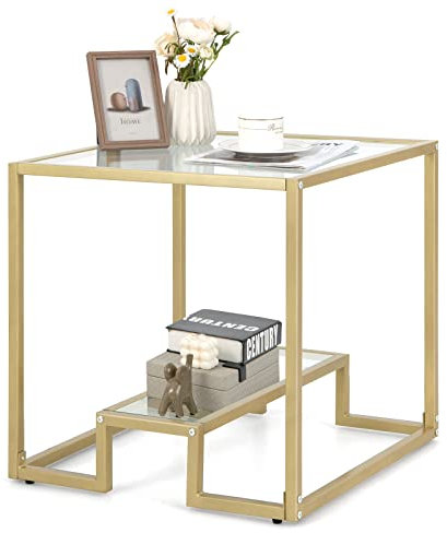 COSTWAY Beistelltisch mit Glas Tischplatte Metallrahmen, Glastisch quadratisch, Kaffeetisch Wohnzimmertisch, Sofatisch Teetisch für Wohnzimmer, Arbeitszimmer 56x56x56,5cm