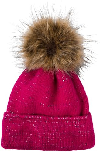 styleBREAKER Cappello a Pompon da Donna Monocolore con Paillettes e Fodera in Pile, Cappello a Pompon Invernale in Pelliccia, Cappello a Maglia 04024210, Colore:Rosato