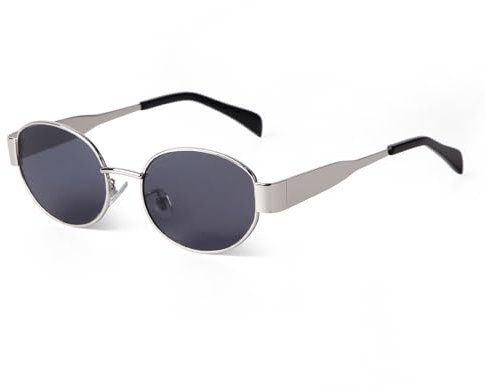 Laurinny Trendy Retro Oval Sonnenbrille für Damen Herren Vintage Ovale Metallrahmen Sonnenbrillen Klassisch Metall Brille(Silber/Grau)
