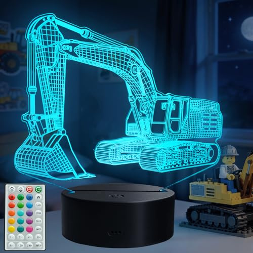 POSSHE Lampe illusion 3D pour enfants, veilleuse pelleteuse, cadeau de véhicule de construction avec 16 couleurs changeantes, télécommande, minuterie, intensité variable, décoration de chambre