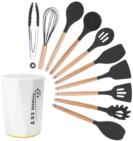 Ustensiles D'ustensiles De Cuisine - Ustensiles De Cuisine en Silicone, Ensemble D'ustensiles De Cuisine Antiadhésive | Outils De Cuisson À Poignée en Bois Résistants À La Chaleur, Lave-Vaisselle BPA