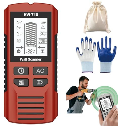 Multifunctional Handheld Metal & Wall Detector, 5 in 1 Stud Finder Scanner, Portable Wire Pipe Power Scanner, HD LCD Display and Audio Alarm, Suitable for Detecting Metal, Cables, Wood (Red)