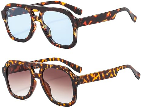 Long Keeper Gafas de Sol Piloto para Hombre Mujer Gafas de Sol Cuadradas Vintage Retro Marco Cuadrado Gafas de Piloto Vintage Protección UV400, 50MM ((2 Pares) Leopardo/Azul + Leopardo/Marrón)
