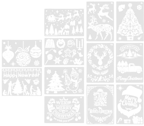 Healeved 12pièces Pochoirs Noël pour Peinture Bombe Gabarits de Noël DIY Motifs Variés pour Décoration Murale Fenêtres Shirts
