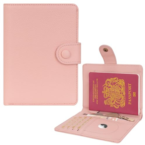 WASON Funda Pasaporte en Piel Auténtica con RFID, Cartera de Viaje, Ranuras para Tarjetas, Bolsillo para Efectivo, Monedero, Ranura Rastreador, Organizador Billetes Avión para Hombre y Mujer(Rosa)