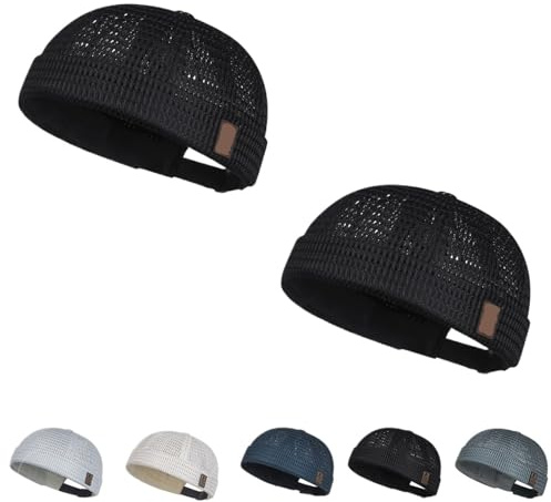Gorra Sin Visera for Hombre, Gorro Docker de Malla Transpirable, Sombrero Docker Ajustable con Borde Enrollado, Gorra Ligera de Verano for Uso Diario, Viaje y Aire Libre(Black+Black)
