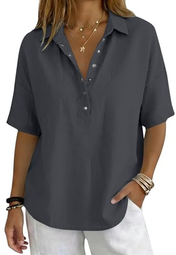 Camisa Mujer Verano Algodón y Lino con Botones Moda Color sólido Blusa Cuello en V Camiseta Elegante Basic Tops Fiesta Suelto T-Shirt Casual Oficina Original Cómodo tee