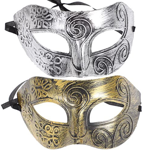 Amosfun Masque Demi-Vie Romain En Bronze Et Argent Immité - Ensemble De 2 Masques Pour Halloween DéGuisement De Carnaval Et Bals MasquéS Ajustement Confortable