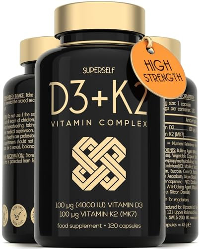 Vitamin D3 K2 Capsules - High Strength Vitamin D Tablets - 4000 IU VIT D & 100mcg VIT K MK7- UK Made Vegetarian D3 and K2 Vitamins Supplement for Strong Bones, Teeth, Immune System - 120 Capsules