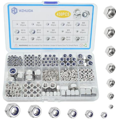 WZHUIDA 430 Stück Selbstsichernde Muttern und Sechskantmuttern Sortiment, Edelstahl Sicherungsmuttern Set Kontermuttern Sechskant Schraubenmuttern, M2 M3 M4 M5 M6 M8 M10 M12 DIN985 DIN934