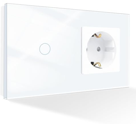 PANGTZEEN Touch Lichtschalter mit Steckdose 16A 100~240V 1 Fach 1 Weg 157mm Gehärtetem Glas Wand Schalter 10A Unterputz Wandlichtschalter Weiß für Wohnzimmer Schlafzimmer Küche Büro