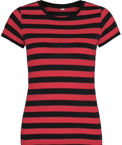 Compatibile con Mantis - Maglietta da donna retrò a righe in stile marino, a maniche corte, girocollo, certificato Oeko-Tex 100, cotone in conversione, vegano, Colore: rosso, S