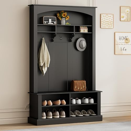 Merax Garderobe Set, Garderobe mit Schuhschrank, Multifunktionale Aufbewahrungsbank mit 3 hängenden Haken & offenem Stauraum, Stylishe Garderobenset für Flur, Schwarz, H190/B120/T40 cm