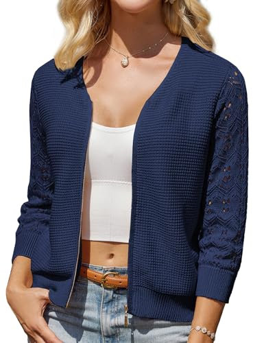 GRACE KARIN Damen Cardigan V-Ausschnitt Strickjacke Spitze Patchwork 3/4 Ärmel Reißverschluss Knitwear 2XL Marineblau