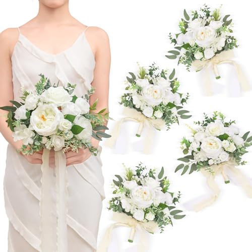 TINGE TIME 7 Bridesmaid Bouquet Set of 4, Wedding Bouquets for Bridesmaid, Perfect for Wedding Bouquets for Bride, Ideal for Bridal Shower, Rehearsal Dinner, Vintage Party (IvoryWhite&Eucalyptus)