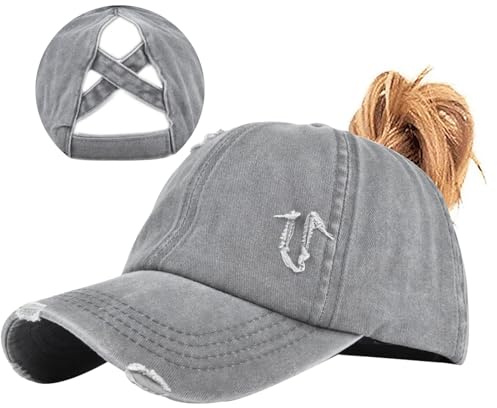 Enwokran Coda di Cavallo Cappello Lavato Cotone Alta Bun Cappello Cappelli da Trucker con Visiera in Ponycap Regolabile Lavato Invecchiato Vitage Alto Cappello Vecchio (Grigio)
