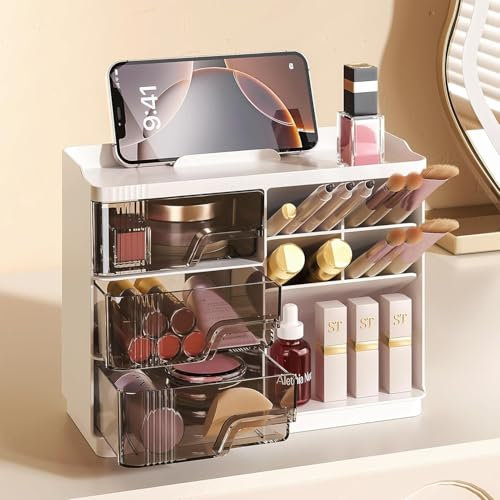 Gikisla Makeup Organizer with Drawers, Multi-Function Cosmetic Storage Box, Stackable Desk Organizer for Makeup Brush Lipstick Skincare Bathroom Vanity Organization and Storage