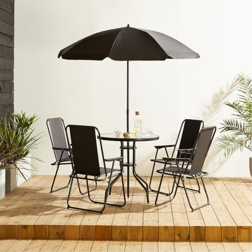STUDIO Oxford 6 Piece Patio Garden Set Black | Parasol 4 Foldable Chairs and Table