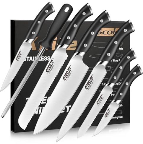 SCOLE® Messerset, Rasierscharf Küchenmesser Set 7-teilig mit Wetzstab, Messer Set, Profi Kochmesser Set Geschenkbox