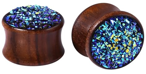 Calefee Dilatatore Lobo 18mm, Tappi per Orecchio Legno con Brillantini Blu, Flesh Tunnel Plug Orecchini Piercing