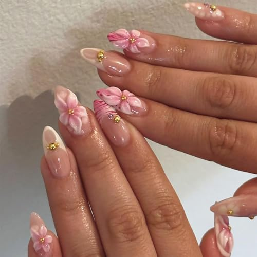 BelleFlair 24 pièces Ongles à Presser Amande avec Fleurs 3D et Perles Dorées Design Rose French Manucure Brillante à Coller pour Femmes