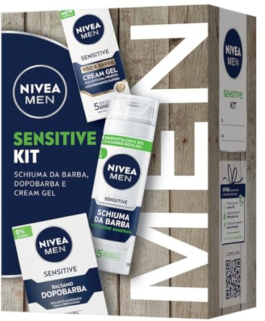 NIVEA MEN Sensitive Kit Cofanetto Regalo Uomo, Set regalo con Schiuma da Barba 200 ml, Balsamo Dopobarba 100 ml e crema idratante viso e barba 50 ml
