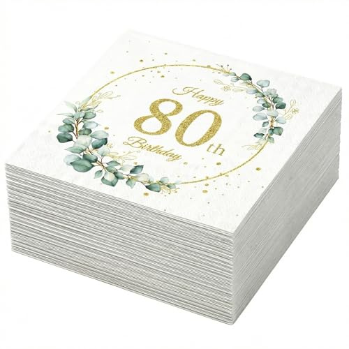 40 stycken födelsedagsservetter 80. Födelsedag, eukalyptus guldgröna servetter, bordsdekoration 80 födelsedag kvinna man, engångsservetter för 80. Födelsedagsdekoration partytillbehör (80)