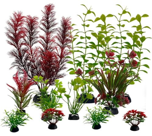 11 Pcs Décoration D'aquarium Plantes Artificielles pour Bassin Plantes D'aquarium Plantes Aquatiques Accessoires Décoratives Plantes en Plastique Rouge Foncé, Vert Petites Plantes pour Mini-étangs