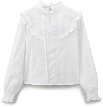 UJEDFHV volangblus för kvinnor dammode ihåligt broderi romantisk stil skjorta kvinnor retro o-hals långärmad volanger kvinnlig blus att jämföra, Vit, S