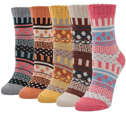 5 Paar Damen Winter Wollesocken, atmungsaktive weiche dicke Socken - bunte Farbe Premium Qualität klimaregulierende Wirkung,Einheitsgröße,A2