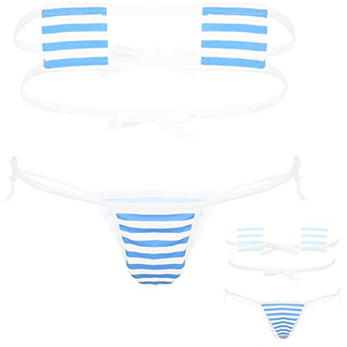 YOOJIA Mikrobikini sexig dam kärlek/randigt mönster sexig tvådelad baddräkt dam micro stringtrosa dam sexig slingshot G-stringtrosa tangas, Blå och vit, One Size