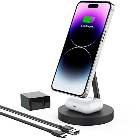 Boaraino Caricabatterie Magnetico Wireless 2 in 1, Stazione di Ricarica Compatibile con iPhoneiPhone 16/16 Pro/16 Pro Max /15/14/13/12, AirPods 2/3/4/Pro