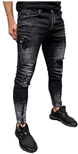 MILAX Jeans skinny da uomo Destroyed Ripped strappati, slim fit, stretch stretch con cerniera alla caviglia strappata per jeans da uomo, Nero , XL