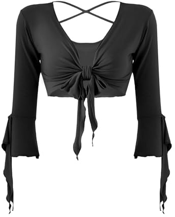 Mufeng Danse Orientale Femme Boléro Danse Orientale Crop Top Dos Nu Col V 3/4 Manche Très Souple et Chic Haut Casual Ete Taille Unique Noir Taille Unique