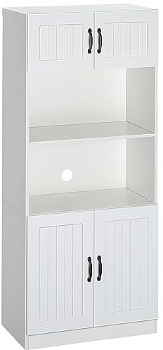 HOMCOM Küchenschrank Küchenbuffet Hochschrank mit 2 Regalen und 2 Schränken Esszimmerschrank mit verstellbaren Regalböden Mikrowellenregal Anti-Kipp-Gurt Landhausstil Weiß