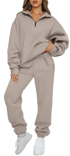 AUTOMET Conjunto deportivo de 2 piezas para mujer, manga larga, media cremallera y pantalones deportivos holgados con bolsillos, Café gris., XL