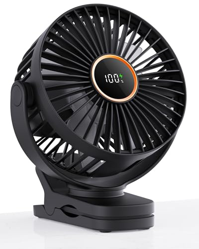 TUNISE Mini Clip on Fan, Battery Operated Desk Fan, Digital display,3 Speeds Adjustable, Bidirectional 360 ° Adjustable, Super Strong Wind, Portable Fan for Home Office Stroller Camping Black