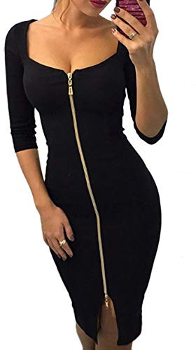 YMING Femmes Deep Robe Crayon Fermeture éclair Robe Extensible à Manches Courtes Robe Habillée Noir M