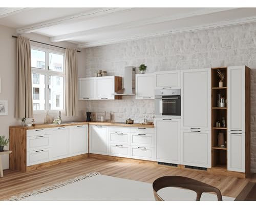 Lomadox Winkelküche Küche Einbauküche Küchenzeile L-Form 420/240 cm mit E-Geräten in weiß und Eiche, Arbeitsplatte in Eiche, inkl. Induktionskochfeld