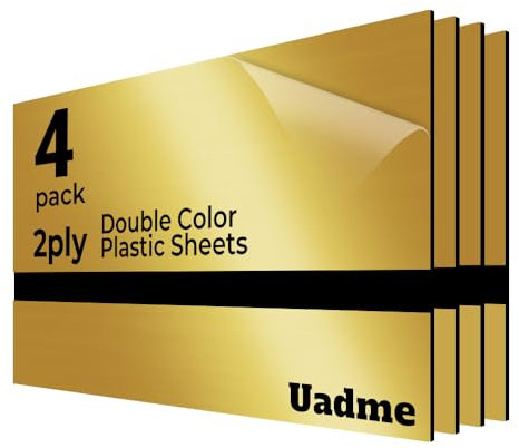 Uadme Placa para Grabado Laser, 20x30 cm 1,3mm, 4 Láminas Plástico Bicolor, Placas Grabada para Carteles Personalizados, Manualidades (Negro sobre Oro Espejo)