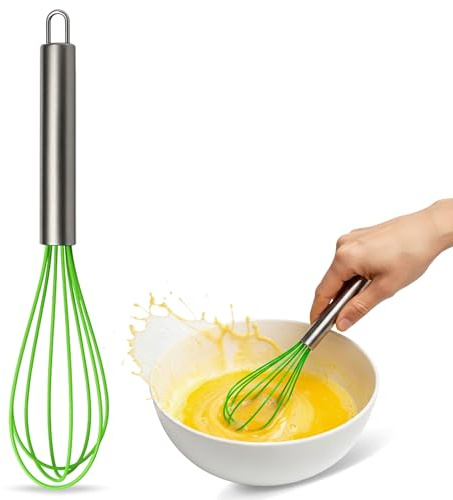 CHEFZOCO Batidor manual, Varillas de batir, Mezclador manual, Batidor de cocina, Batidor de huevos, Apto para Mezclar, Revolver la Masa, Huevos, Longitud 25 cm, Silicona y Acero inoxidable, Verde