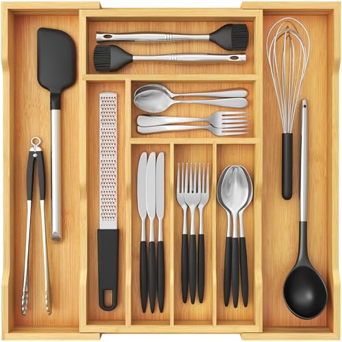 Lifewit Grande portaposate per cassetti, profondità 47 cm, inserto per posate estraibile fino a 50 cm di larghezza, organizer per cassetti da cucina, porta posate in bambù per cucchiai/forchette