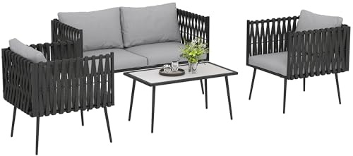 Outsunny 4 Piece Outdoor Garden Furniture Set with Cushions, 4 Seater Garden Sofa Set with Loveseat, Armchairs and Faux Marble Top Table, Outdoor Furniture Set for Patio, Conservatory, Light Grey