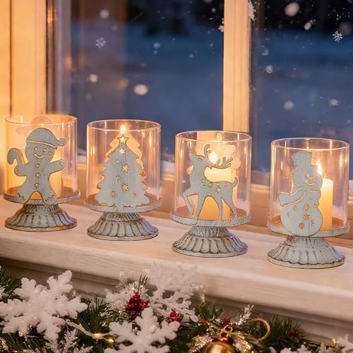 Sziqiqi Noël Bougeoirs Cadeau Blanc: Set de 4 Supports pour Bougies Chauffantes Décoration de Table - Bougeoirs Blancs Vintage avec Verre à Ouragan pour Centre de Table et Cheminée