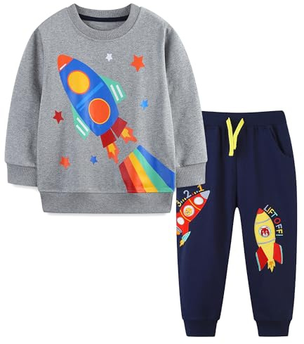 Tokeya Survêtement Enfant Garcon Ensemble Jogging Manches Longues Coton Ensembles Décontracté Fusée Imprimé Sweatshirt Pantalons et Haut Sportswear Automne Hiver Vêtement pour 4-5 Ans, Gris