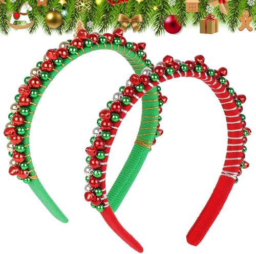 KECDRU Diadema de Navidad, paquete de 2 diademas rojas y verdes con cascabeles brillantes envueltas en terciopelo para mayor comodidad, perfectas para mujeres, adultos, niños, niñas, hombres, fiestas